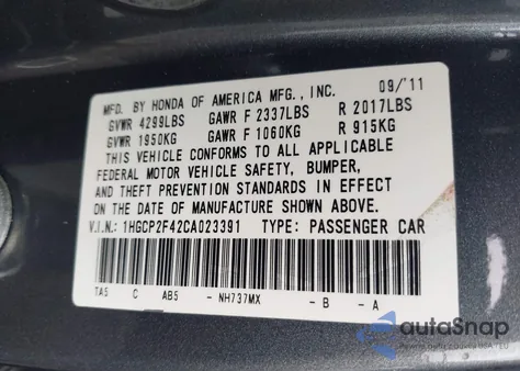2012 Honda Accord 2.4 Lx-P z USA, uszkodzony, nr VIN 1HGCP2F42CA023391